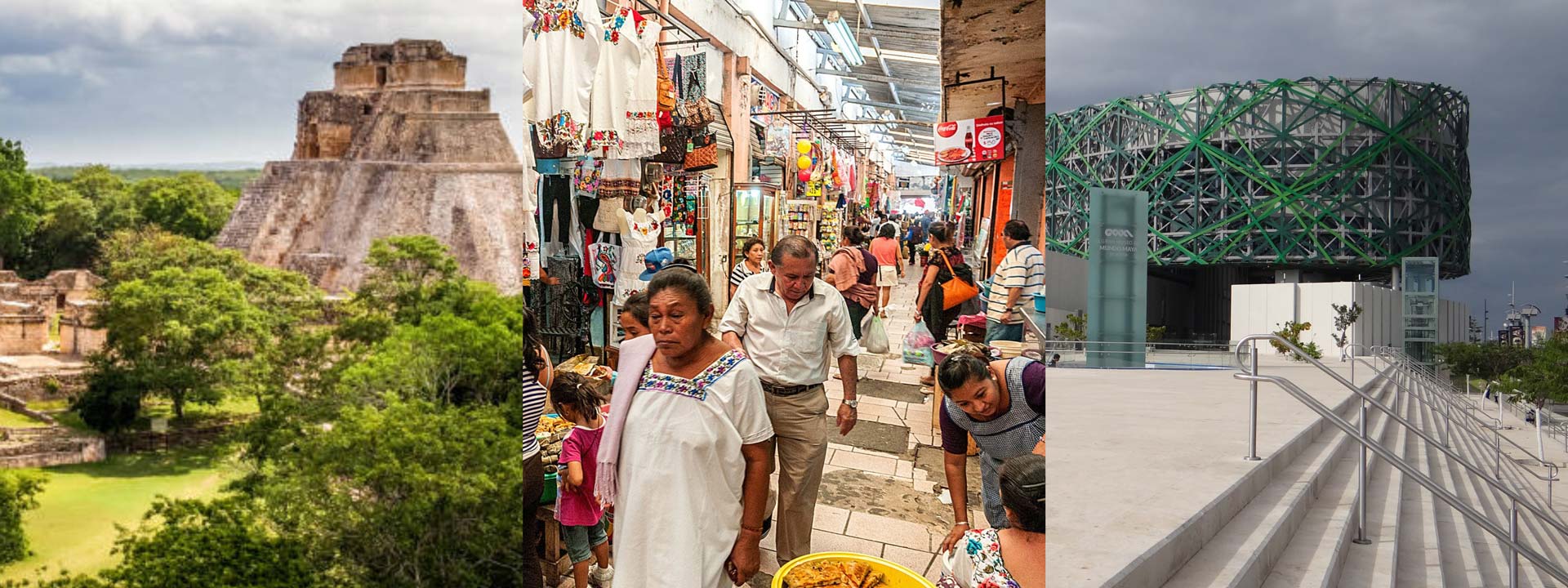 Gran Museo del Mundo Maya, el Mercado Lucas de Gálvez y la zona arqueológica de Uxmal, mostrando lo mejor de la cultura, gastronomía y la historia en Mérida. Perfecto para una escapada cultural inolvidable con Flex Eco Taxi.