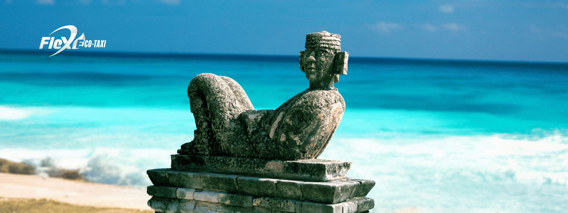 Aerial view of Playa Chac Mool in Cancun, a top destination for watersports like windsurfing and kiteboarding. Get there easily with Flex Eco Taxi.