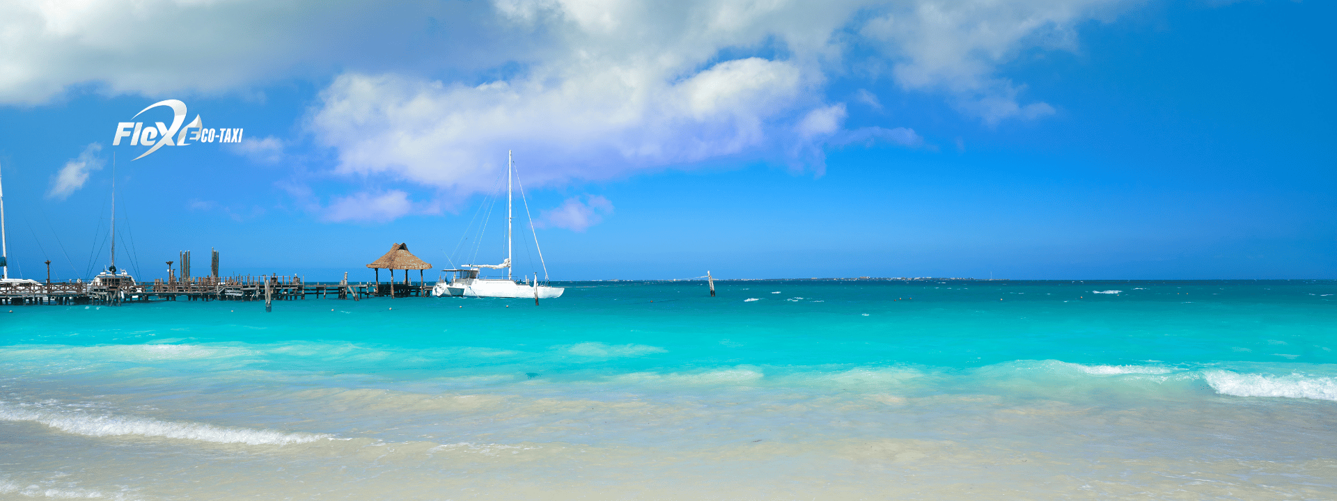 Families enjoying water activities and beach bars at Playa Tortugas in Cancun. Flex Eco Taxi provides reliable transportation to this lively beach.